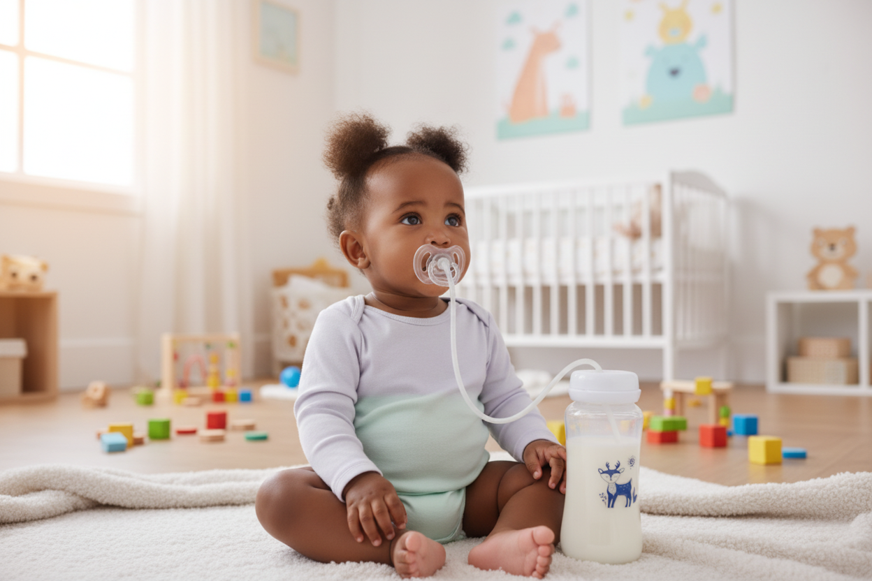Bébé avec biberon Magic Bottle dans une crèche